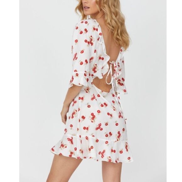 Haute Rouge White Cut Out Mini Dress Red Cherry Print Halter Size Small - Picture 1 of 7